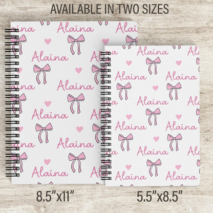 Girls Custom Notebook - Personalized Journal With Pink Coquette Bows, Spiral Bound