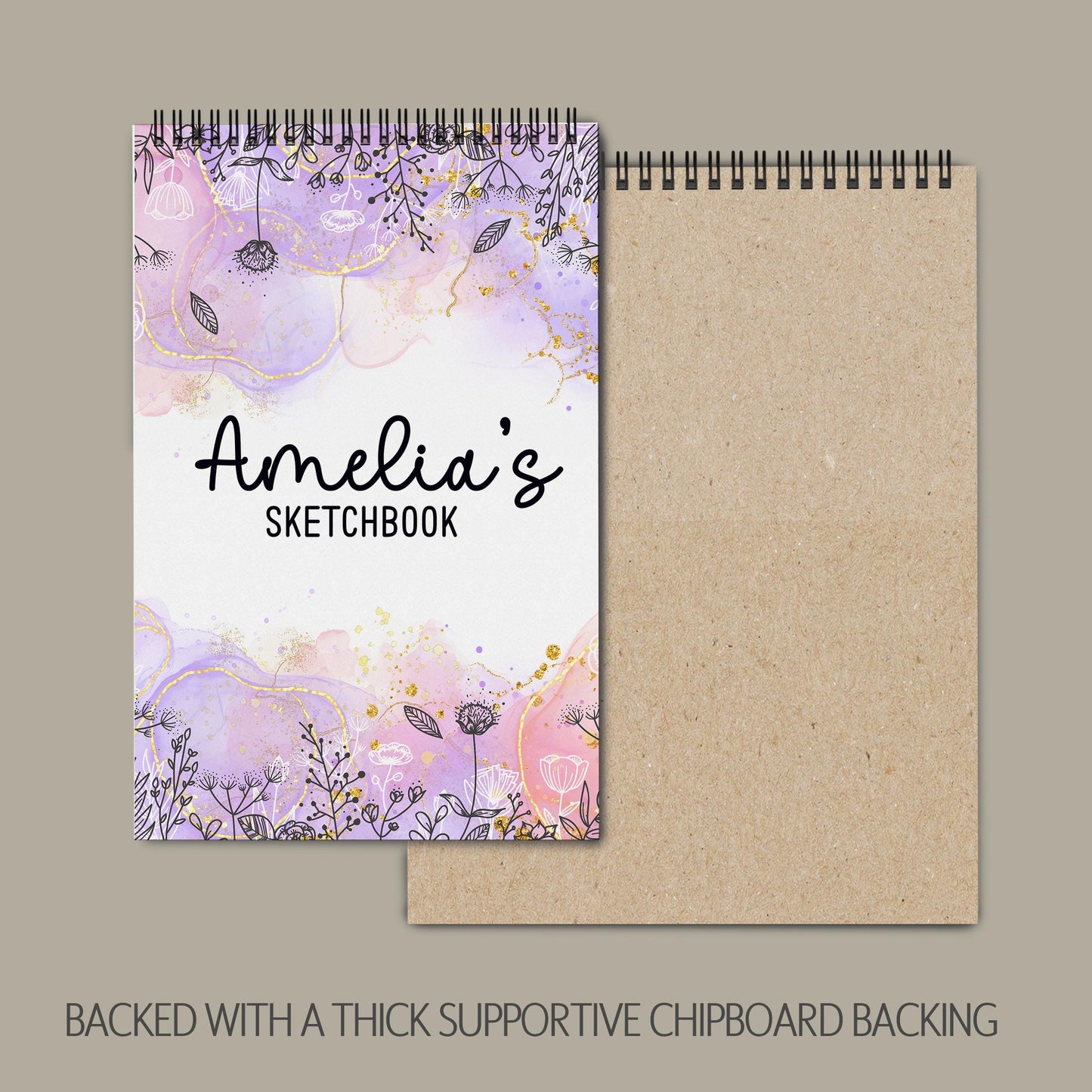 Girls Personalized Sketchbook - Custom Art Pad with Heavyweight Drawing Paper, Purple Pink Spiral Bound