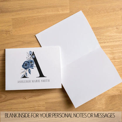 Personalized Monogram Note Cards - Custom Blue Flower Notecards with Envelopes