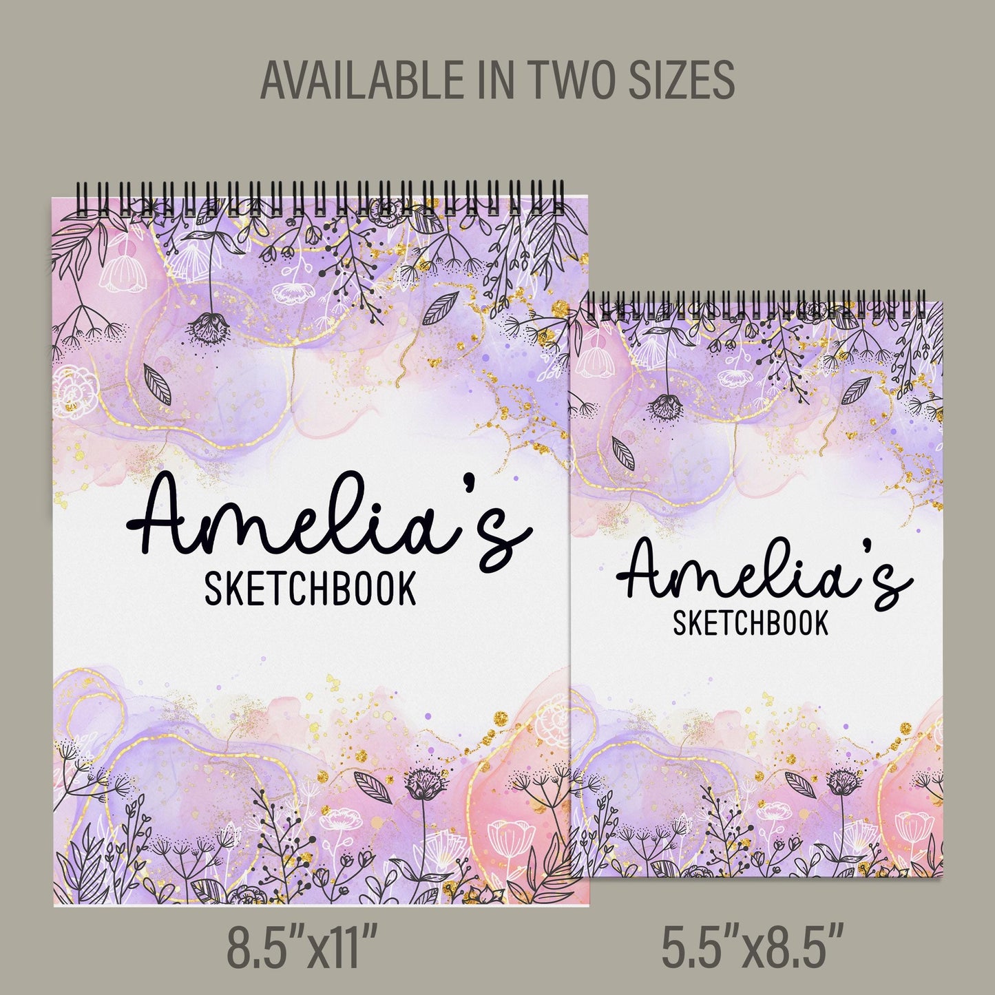 Girls Personalized Sketchbook - Custom Art Pad with Heavyweight Drawing Paper, Purple Pink Spiral Bound