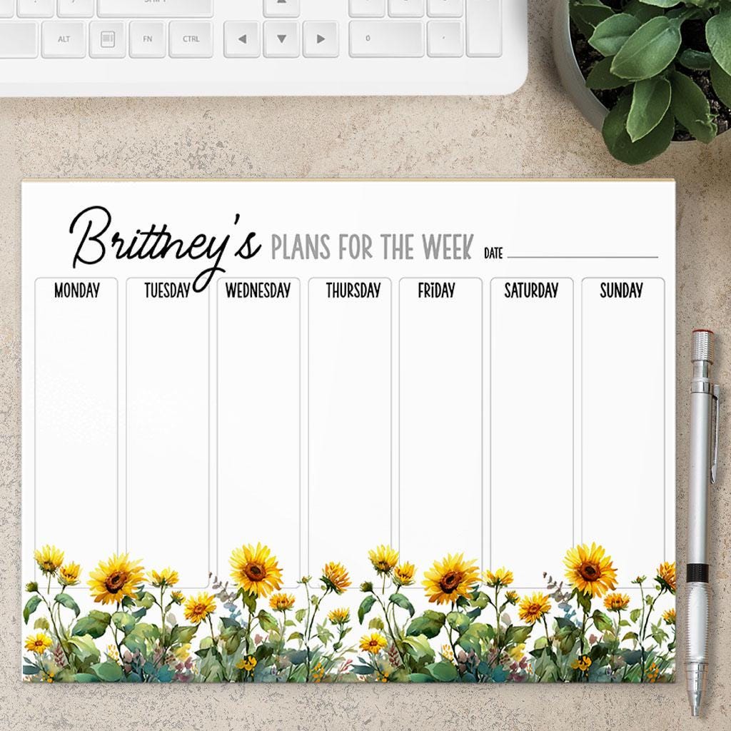 Personalized Weekly Planner - Custom Name Notepad With Sunflower Design | Teacher Gift Idea