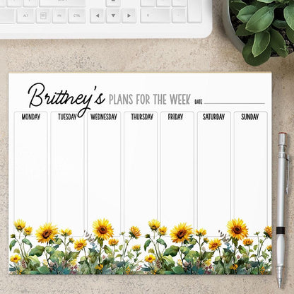 Personalized Weekly Planner - Custom Name Notepad With Sunflower Design | Teacher Gift Idea