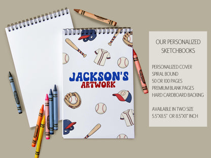 Personalized Boys Sketchbook - Custom Art Pad for Kids Drawing & Baseball Lovers