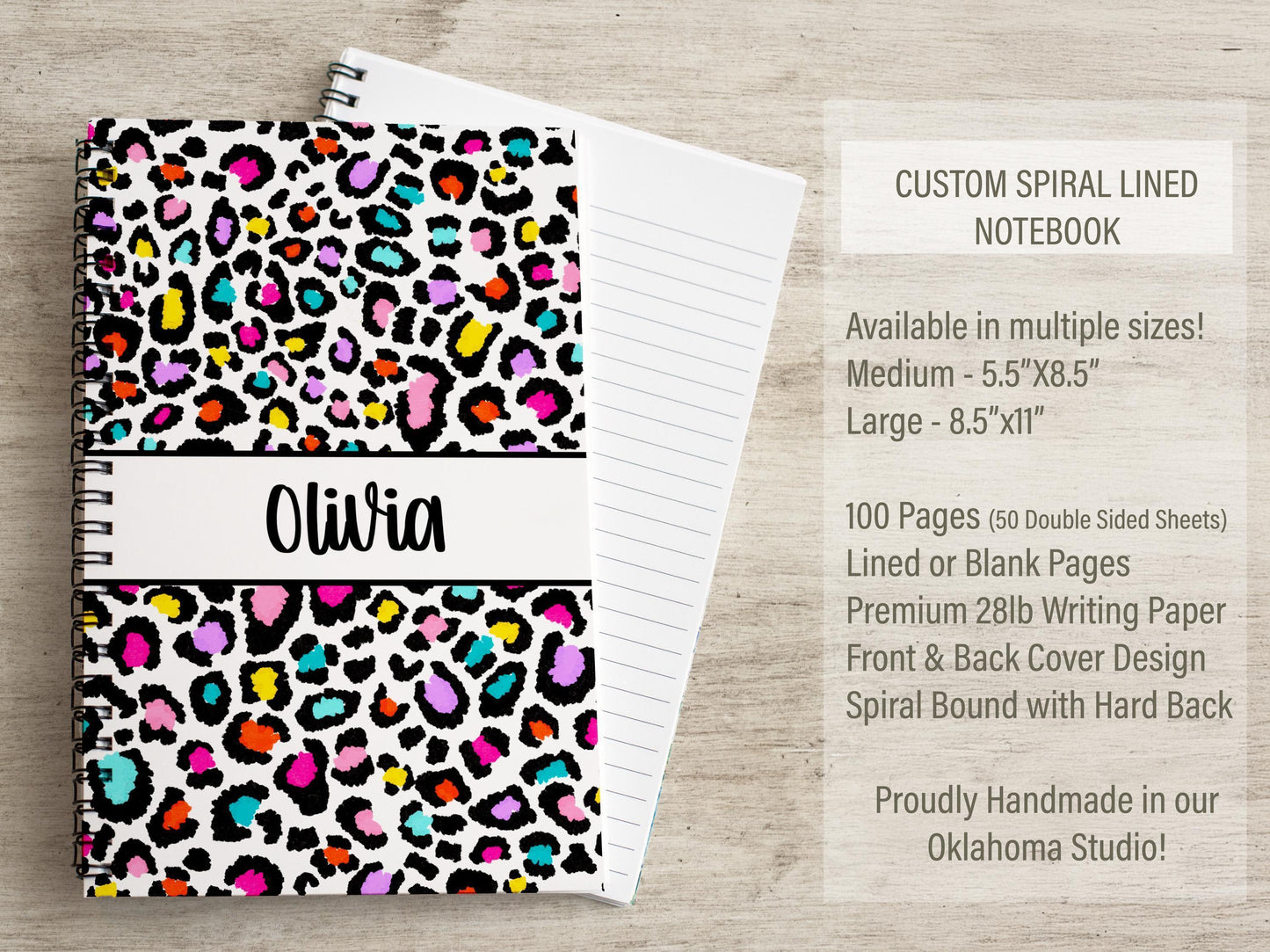 Custom Spiral Notebook - Personalized Journal with Rainbow Leopard Print for Kids
