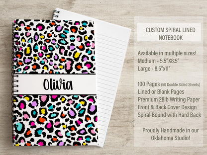 Custom Spiral Notebook - Personalized Journal with Rainbow Leopard Print for Kids