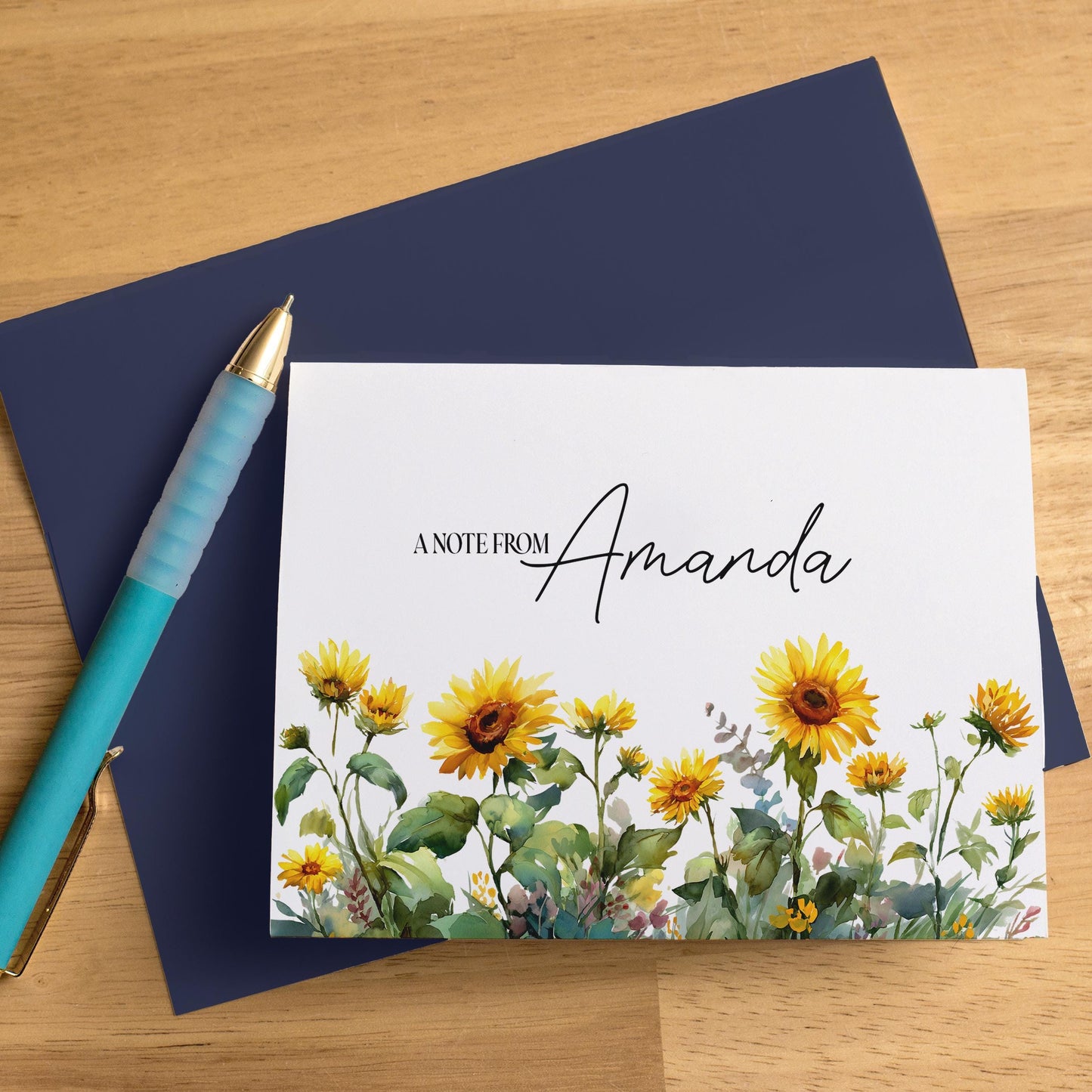 Personalized Note Cards – Sunflower Stationery Set with Custom Name, Envelopes Included