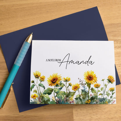 Personalized Note Cards – Sunflower Stationery Set with Custom Name, Envelopes Included