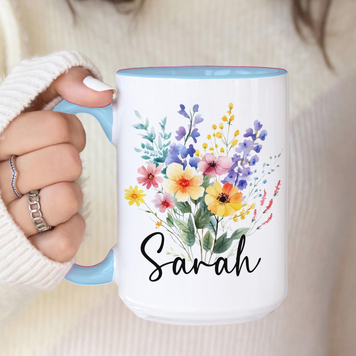 Personalized Flower Mug - Custom Rainbow Wildflower Ceramic Coffee Cup, Gift for Best Friend