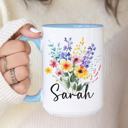 Personalized Flower Mug - Custom Rainbow Wildflower Ceramic Coffee Cup, Gift for Best Friend
