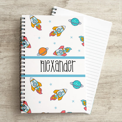 Custom Spiral Notebook - Personalized Kids Writing Journal With Space Rocket Design