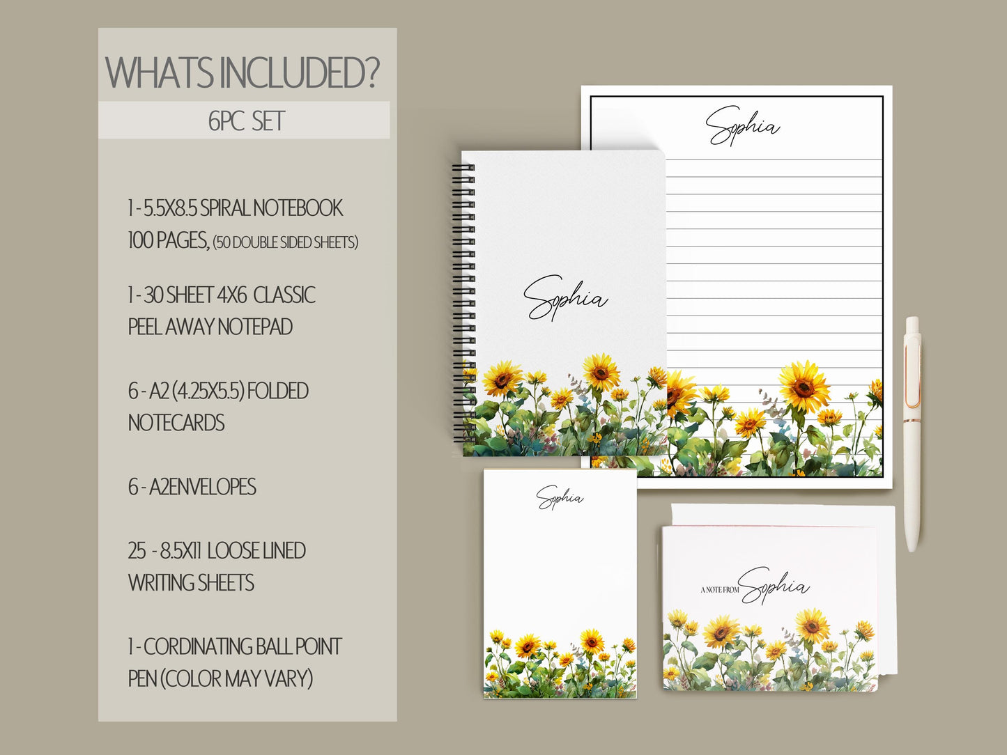 Personalized Stationery Set - Sunflower Notebook, Letter Writing Sets & Floral Notepads Gift