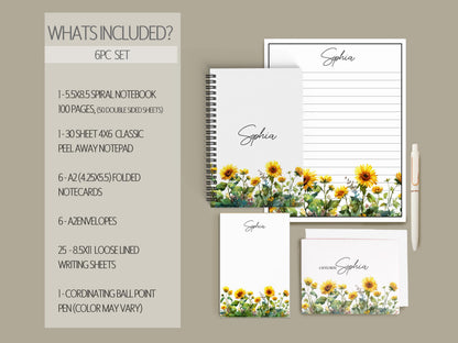 Personalized Stationery Set - Sunflower Notebook, Letter Writing Sets & Floral Notepads Gift