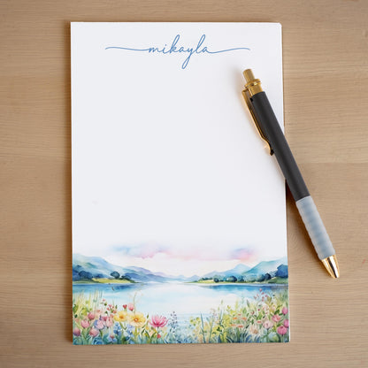 Personalized Notepad - Custom Stationery with Lake Landscape & Flower Design