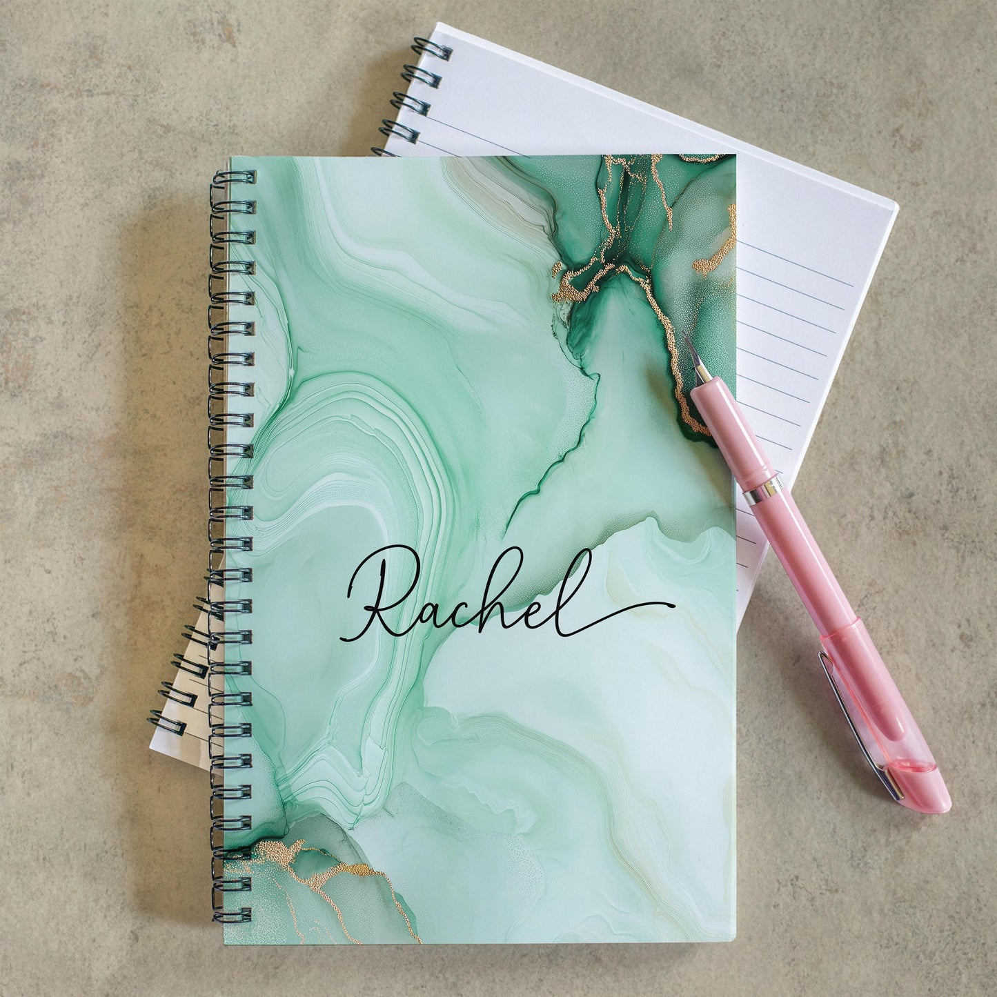 Personalized Spiral Notebook – Custom Name Journal | Mint Green Marble Sketchbook, 100 Pages