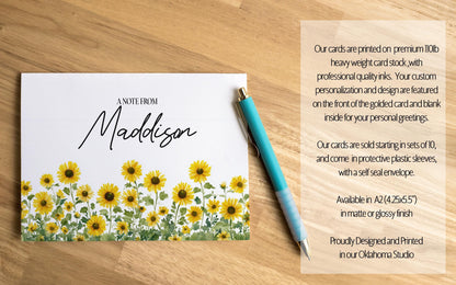 Personalized Note Cards - Sunflower Floral Thank You Cards Set with Custom Envelopes
