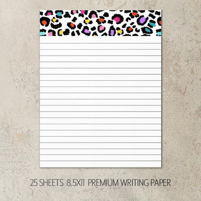 Personalized Stationery Set - Kids Letter Writing Paper & Rainbow Cheetah Notebook