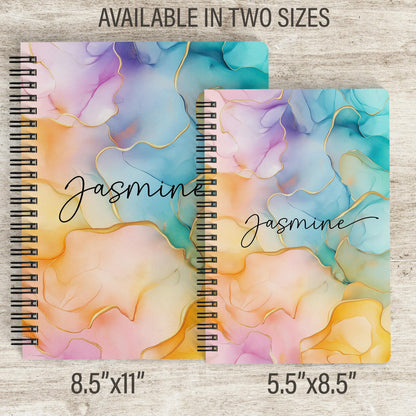Custom Spiral Notebook - Rainbow Journal With Marble Cover, Personalized Name, Teacher Gift