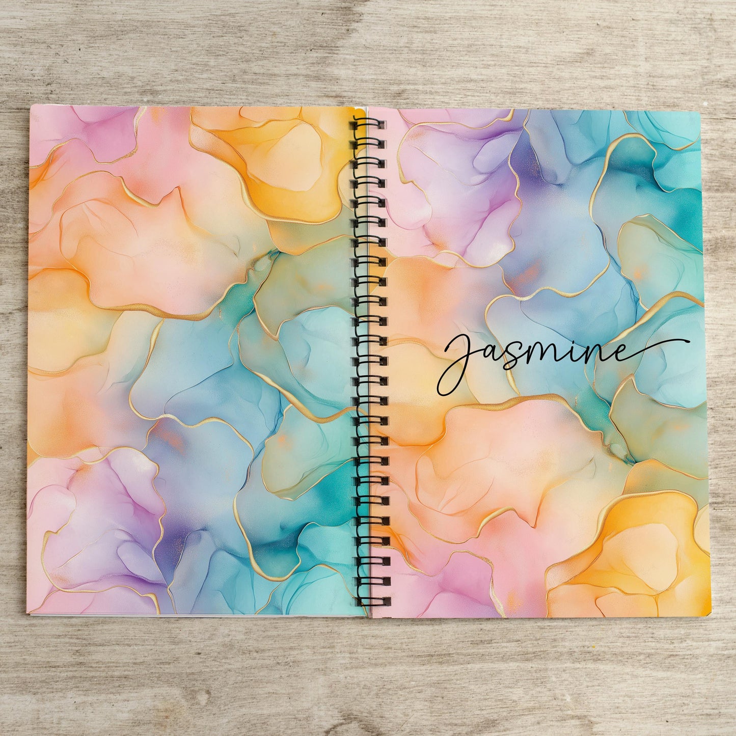 Custom Spiral Notebook - Rainbow Journal With Marble Cover, Personalized Name, Teacher Gift