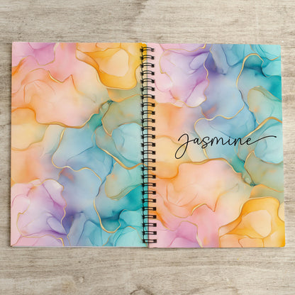 Custom Spiral Notebook - Rainbow Journal With Marble Cover, Personalized Name, Teacher Gift