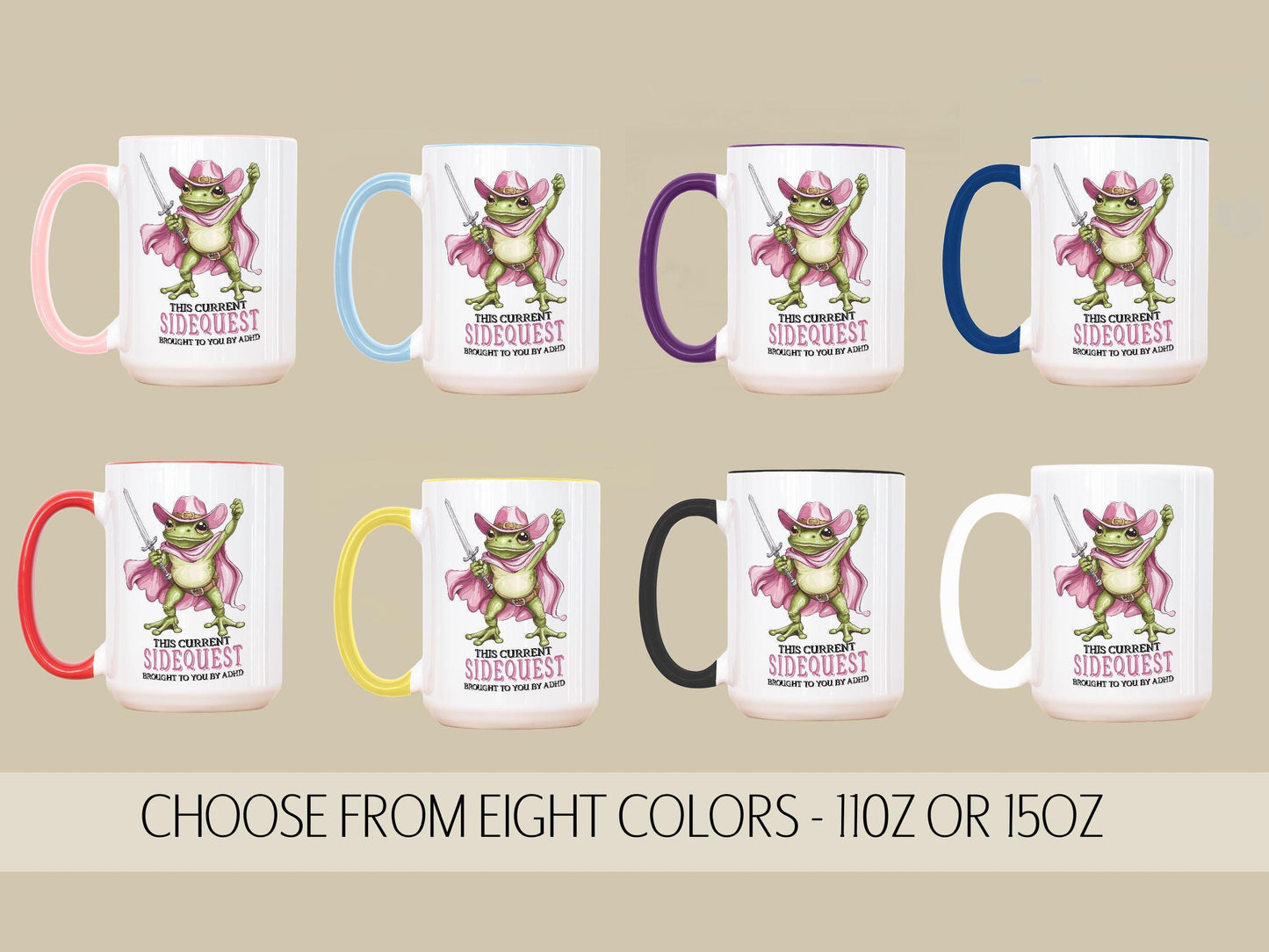 Funny Womens Coffee Mug - Cute Pink Cowboy Frog Side Quest Ceramic Cup