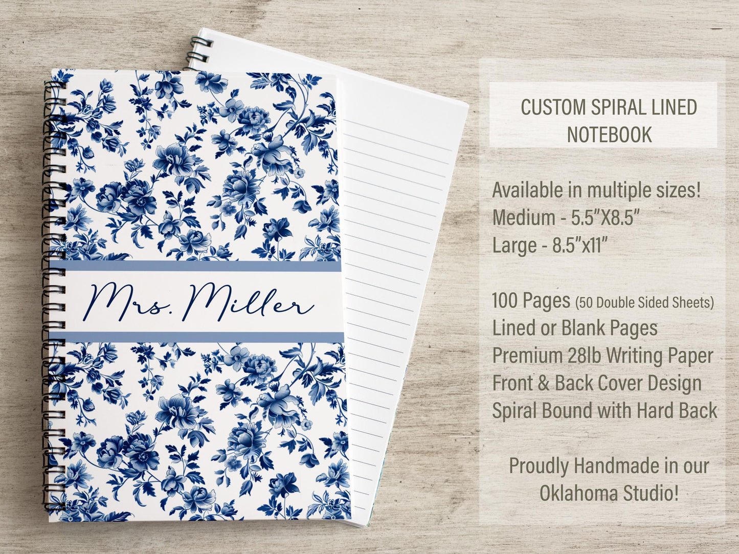 Personalized Blue Notebook – Custom Spiral Bound Journal with Floral Chinoiserie Design