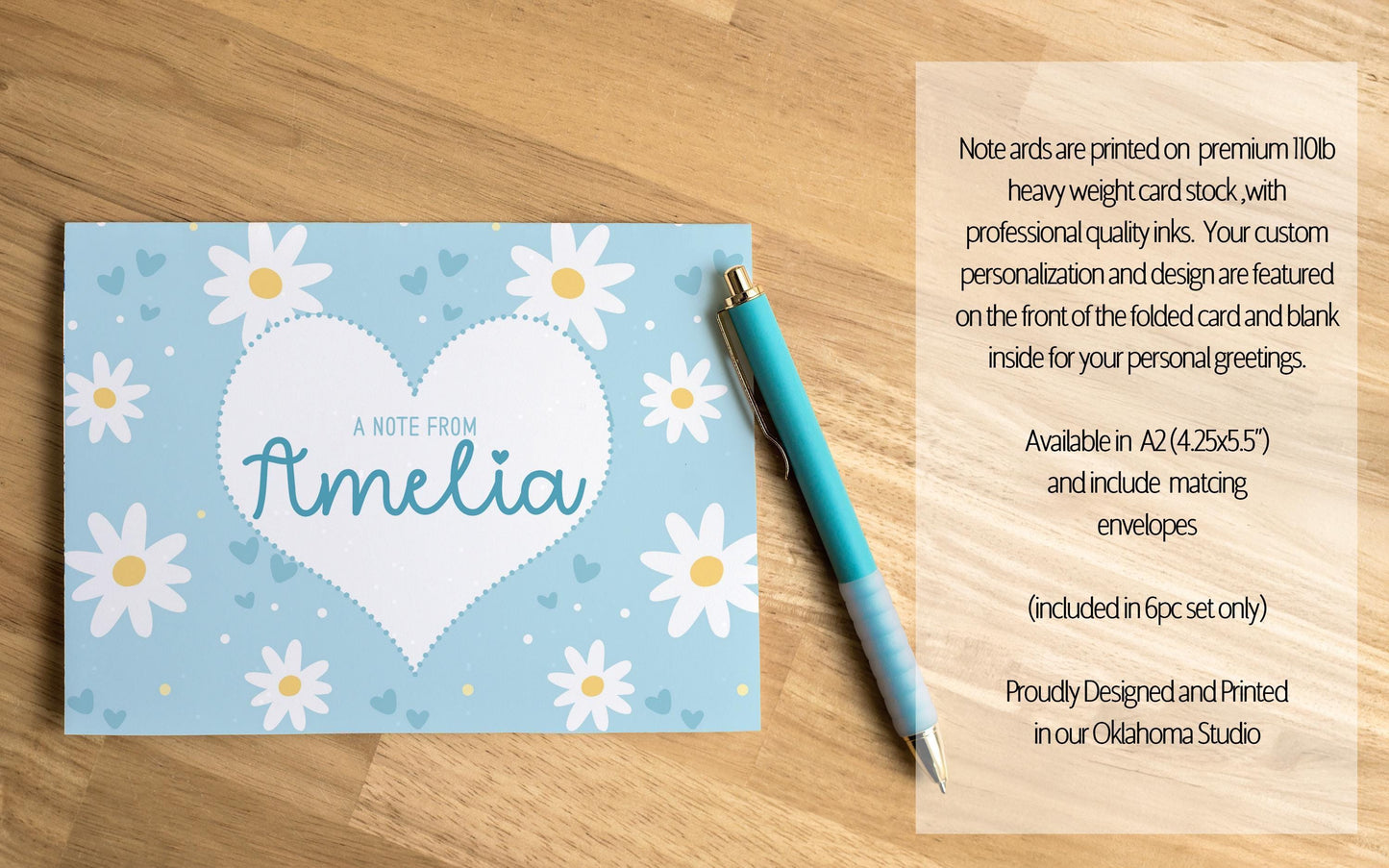 Personalized Stationery Set – Kids Writing Set With Blue Daisy Notebook & Notecard Envelopes