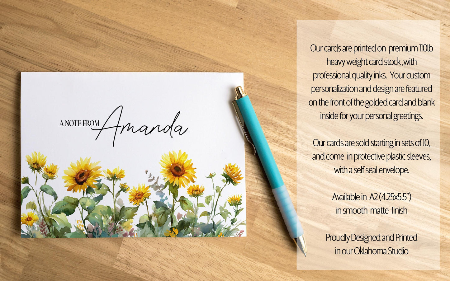 Personalized Note Cards – Sunflower Stationery Set with Custom Name, Envelopes Included