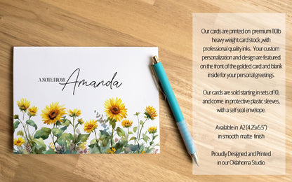 Personalized Note Cards – Sunflower Stationery Set with Custom Name, Envelopes Included