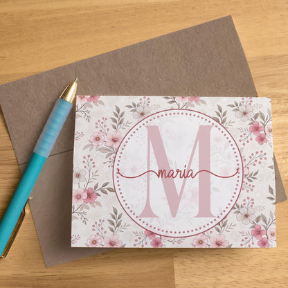 Personalized Note Cards – Custom Folded Cards, Pink Wildflower Stationery Set with Envelopes