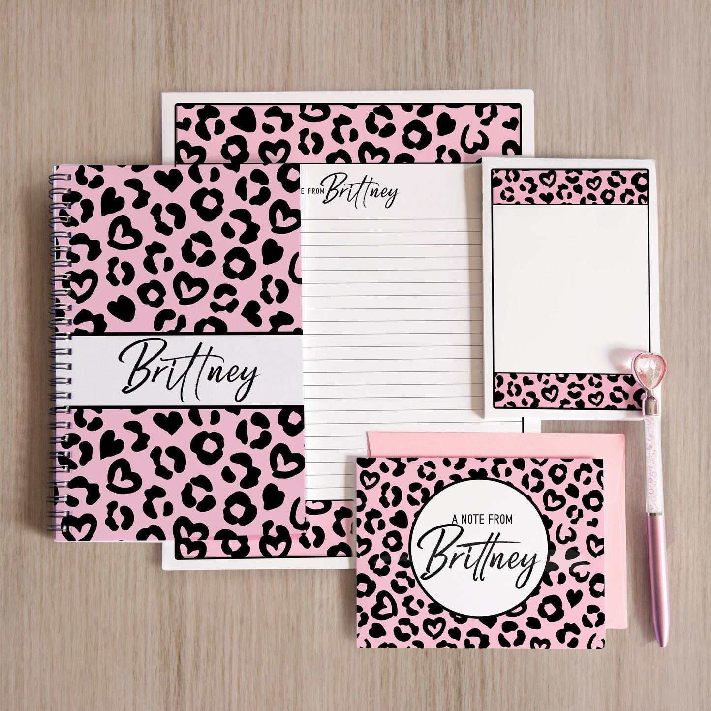 Personalized Stationery Set – Pink Cheetah Leopard Letter Writing Gift Set with Notebook & Pen