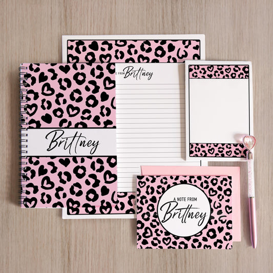 Personalized Stationery Set – Pink Cheetah Leopard Letter Writing Gift Set with Notebook & Pen