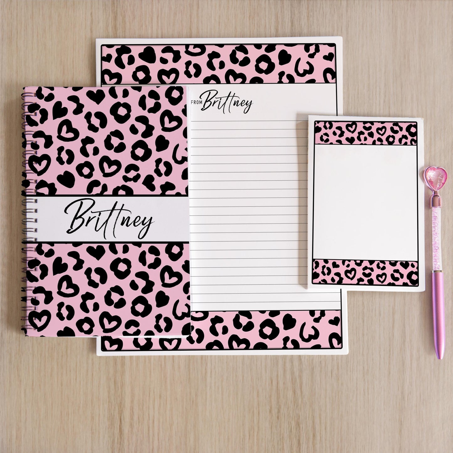 Personalized Stationery Set – Pink Cheetah Leopard Letter Writing Gift Set with Notebook & Pen