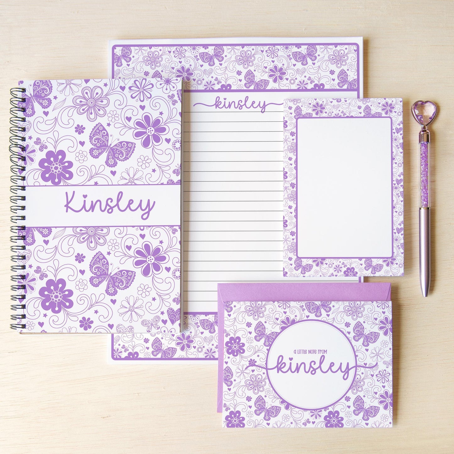 Personalized Stationery Set - Girls Butterfly Letter Writing Set with Spiral Notebook & Pen