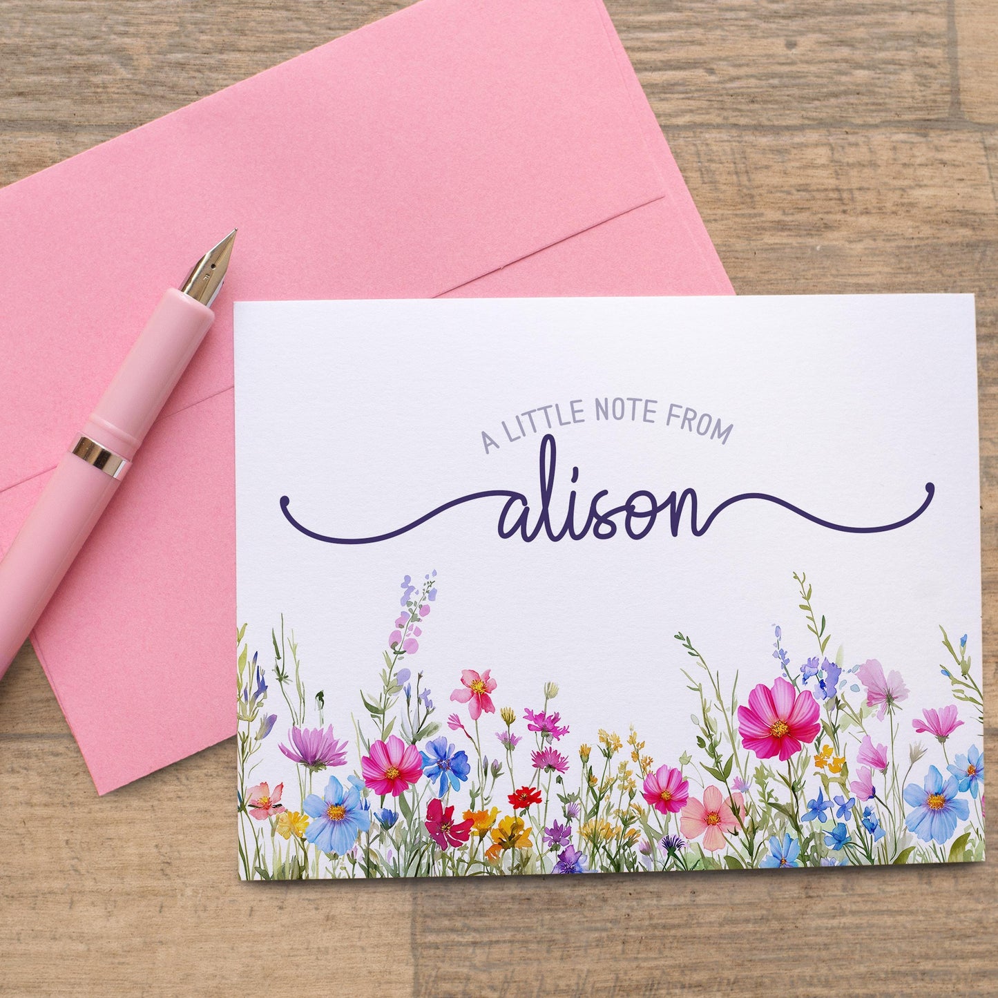 Personalized Note Cards – Wildflower Stationery Set of 10 Cards with Custom Envelope Colors