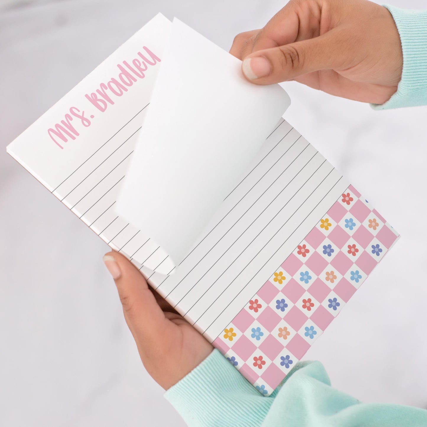 Personalized Girls Notepad – Custom Pink Flower Notepad with Checker Design, Lined Note Pads