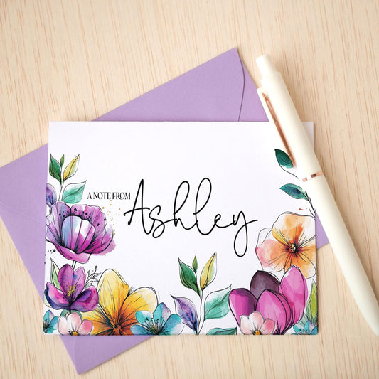 Personalized Note Cards – Wildflower Stationery Set with Custom Name, Envelopes