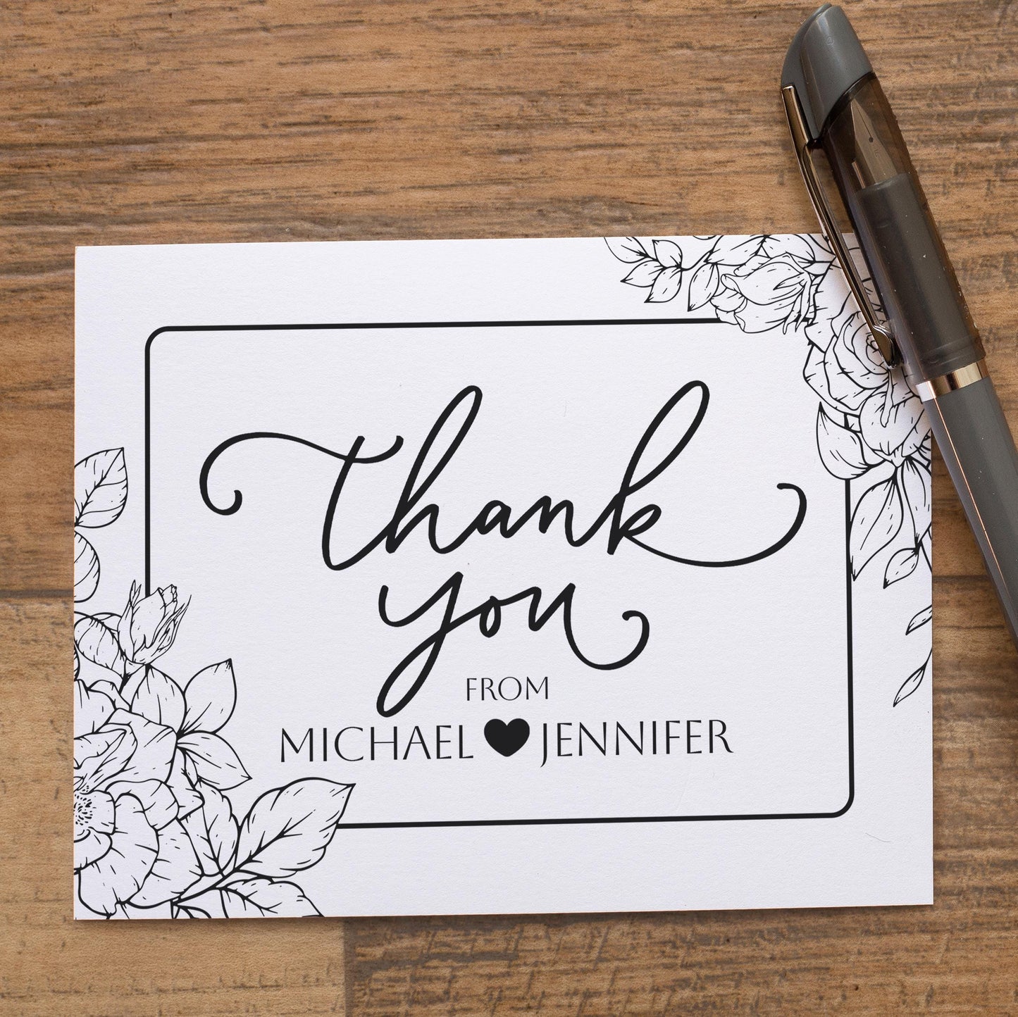 Personalized Wedding Thank You Cards – Floral Folded Cards with Matching Envelopes