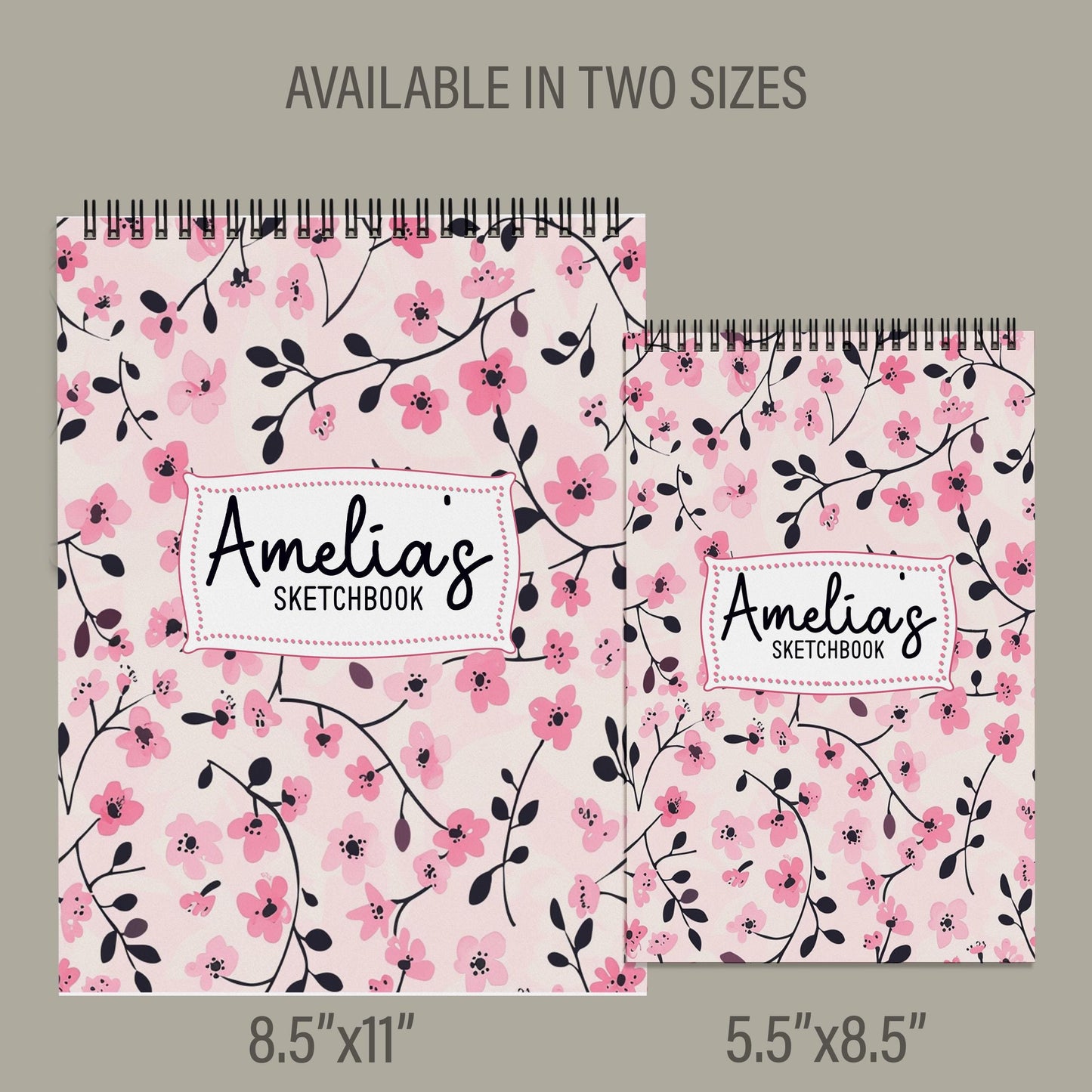 Girls Personalized Sketchbook – Custom Art Book with Pink Floral Cover | Heavyweight Spiral Bound Drawing Pad