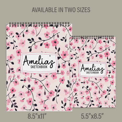 Girls Personalized Sketchbook – Custom Art Book with Pink Floral Cover | Heavyweight Spiral Bound Drawing Pad