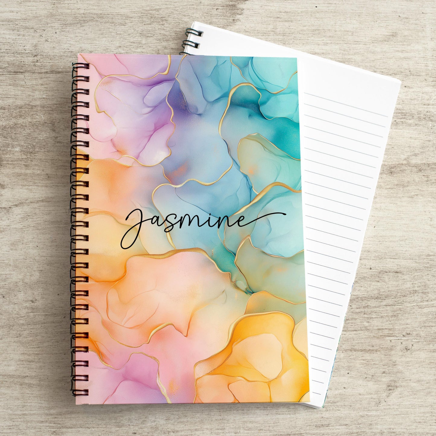 Custom Spiral Notebook - Rainbow Journal With Marble Cover, Personalized Name, Teacher Gift