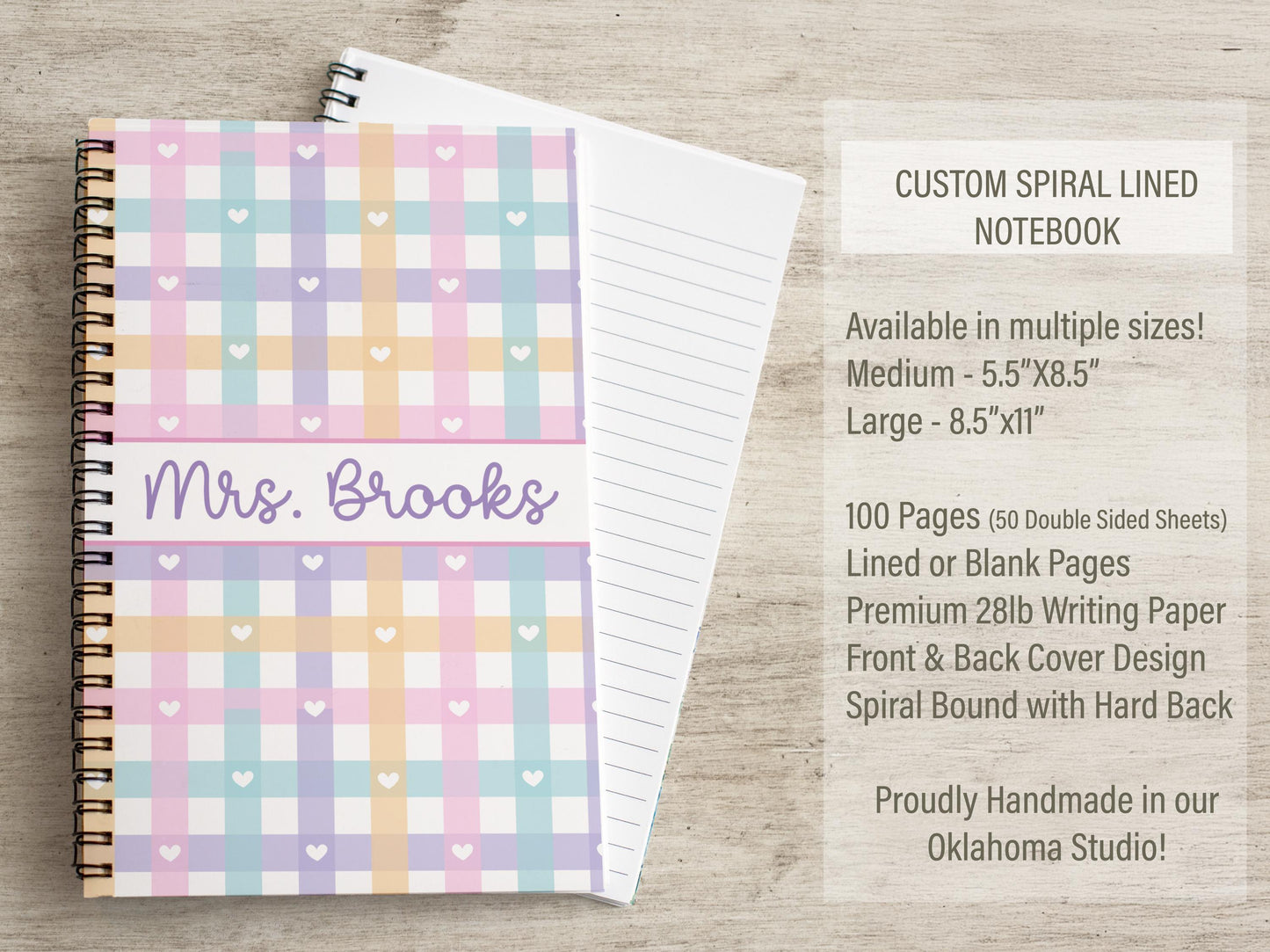 Custom Girls Notebook - Personalized Journal With Pastel Gingham Design | Spiral Bound