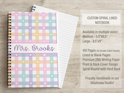 Custom Girls Notebook - Personalized Journal With Pastel Gingham Design | Spiral Bound