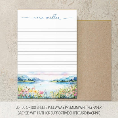 Personalized Notepad - Custom Stationery with Lake Landscape & Flower Design