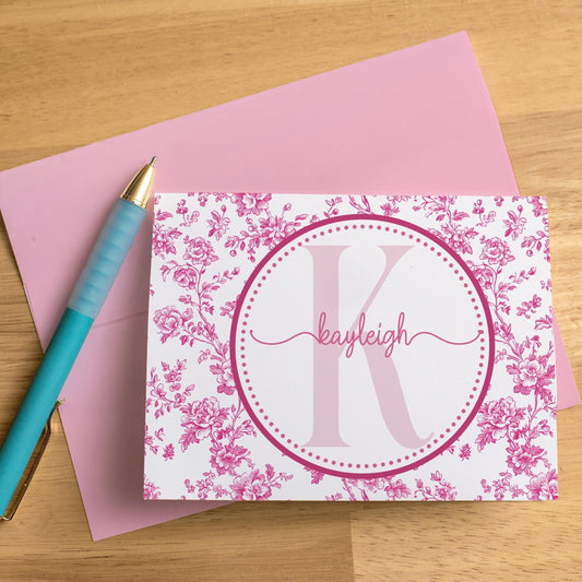 Personalized Note Cards - Custom Folded Notecards Set with Pink Chinoiserie Design & Matching Envelopes