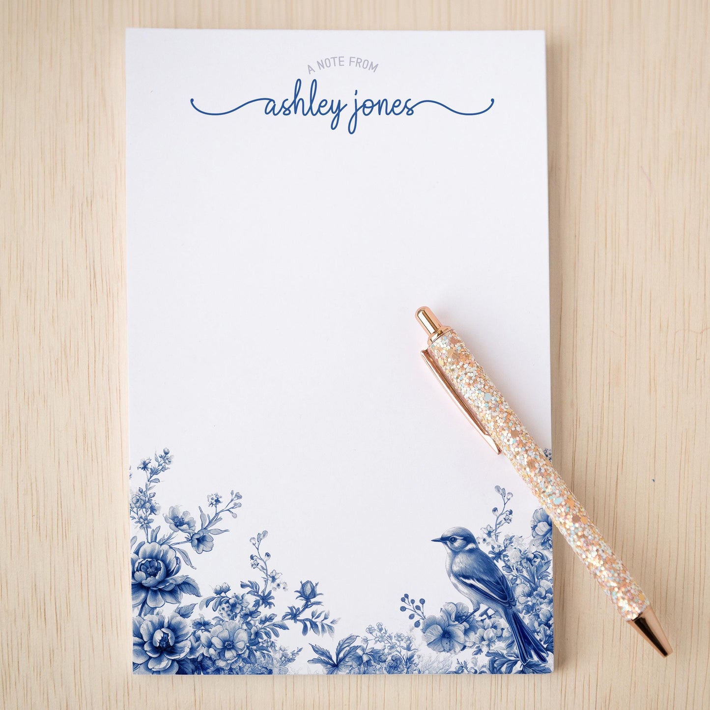 Personalized Notepad Featuring Blue White Stationery & Floral Chinoiserie Design – Gift for Mom