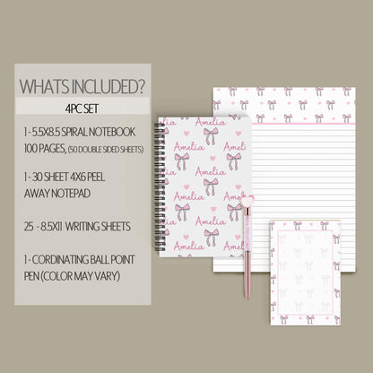 Personalized Stationery Set - Kids Letter Writing Kit with Pink Bow Notebook & Notepad