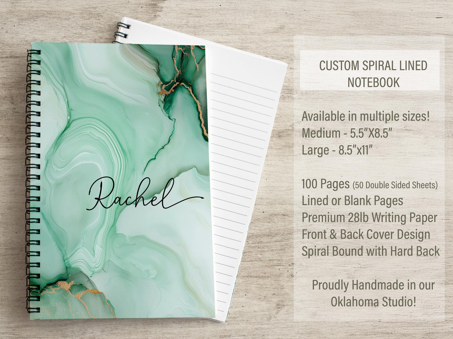 Personalized Spiral Notebook – Custom Name Journal | Mint Green Marble Sketchbook, 100 Pages