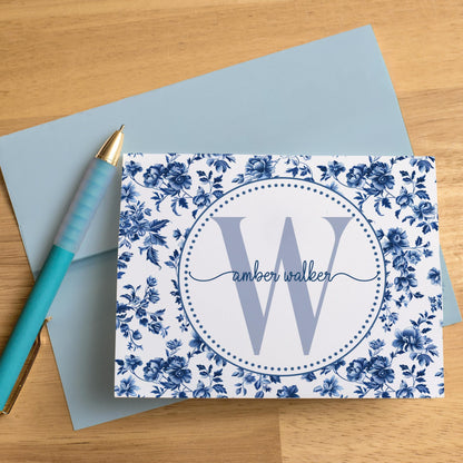 Personalized Note Cards – Custom Folded Notecards Set with Blue White Toile Stationery