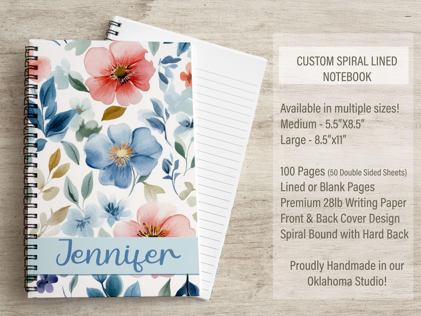 Personalized Notebook - Custom Wildflower Journal | Blue Floral Spiral Bound Journal
