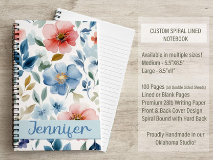 Personalized Notebook - Custom Wildflower Journal | Blue Floral Spiral Bound Journal
